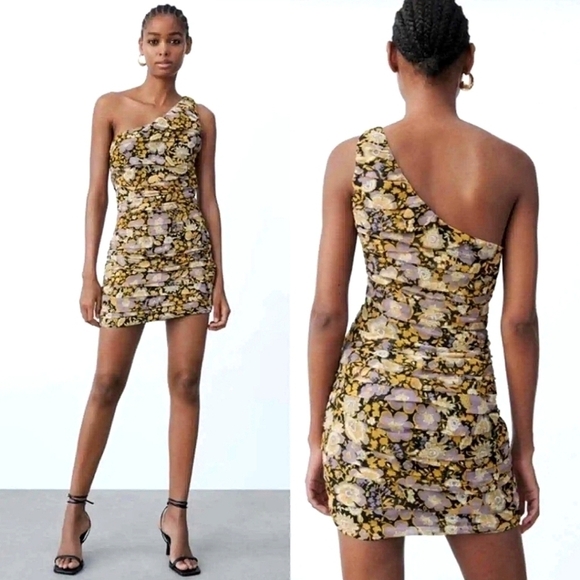 NWT ZARA FLORAL ONE SHOULDER RUCHED MINI DRESS - Picture 1 of 7